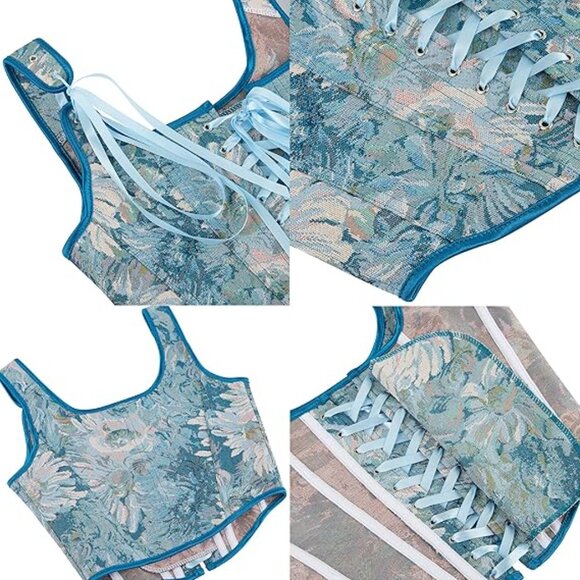 Renaissance Corset Top Sleeveless Drawstring Bustier Tank Top Blue Medium - Picture 4 of 4